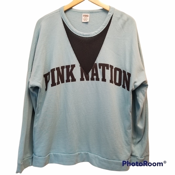 {M} PINK VS Mesh V Cutout Crew Pullover Baby Blue Sweatshirt - Picture 1 of 9